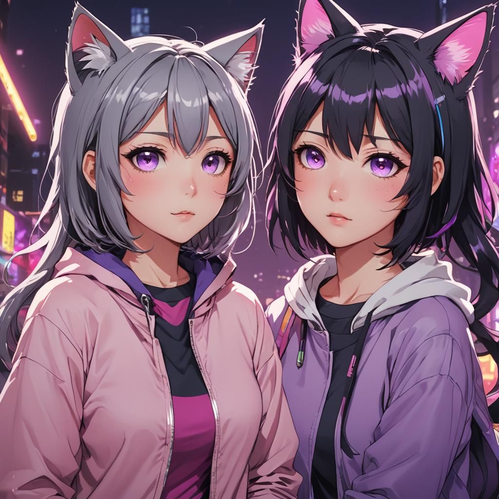 Anime Girls with Cat Features in Cel-Shaded Style