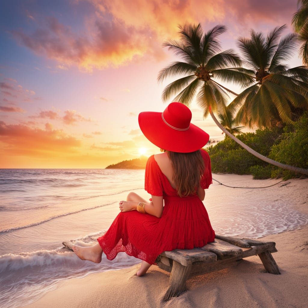 Romantic Sunset on Tropical Beach with Palm Trees