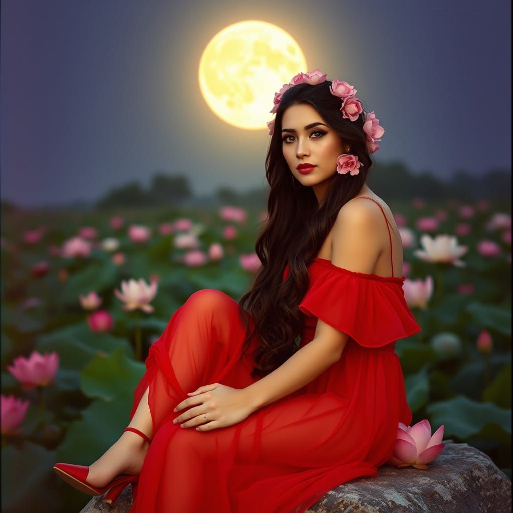Goddess in a Moonlit Lotus Garden