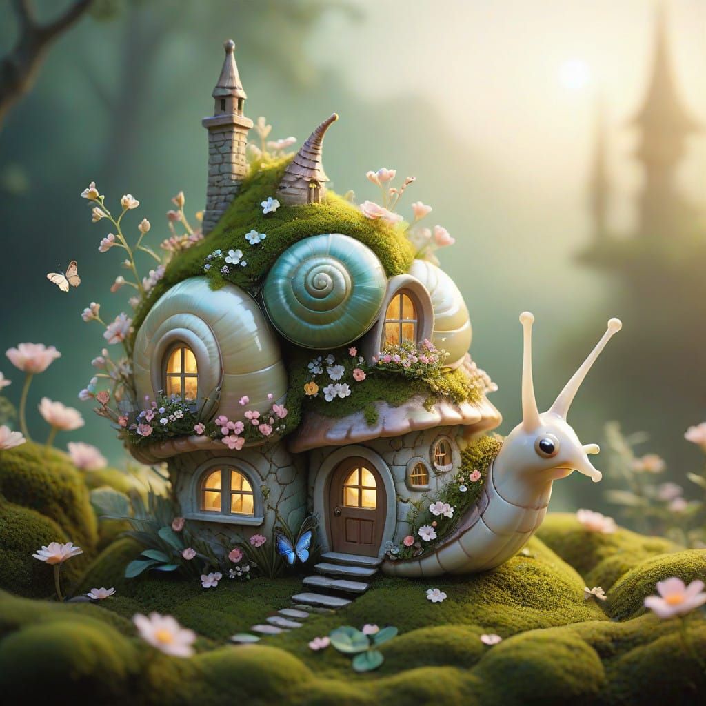 Whimsical Glass Snail House in a Dreamy Landscape