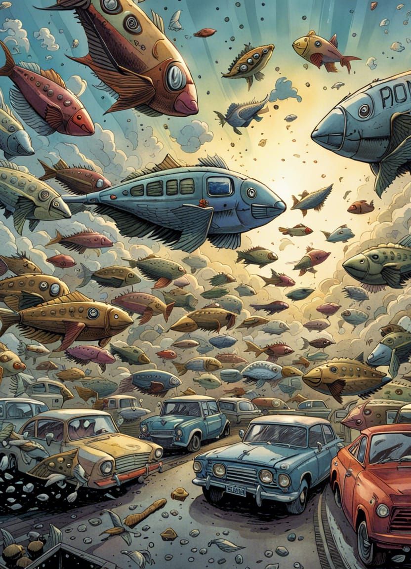 Flying Car Fish Watercolor Over Parking Lot