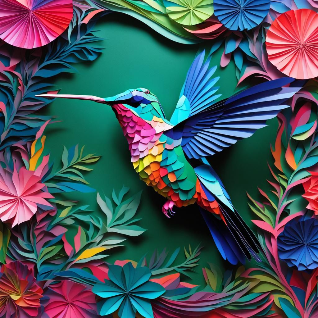 Psychedelic Paper Hummingbird Collage in Surreal Style