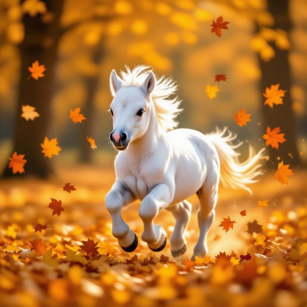 Playful Foal Runs Through Autumn Leaves in Magical Forest