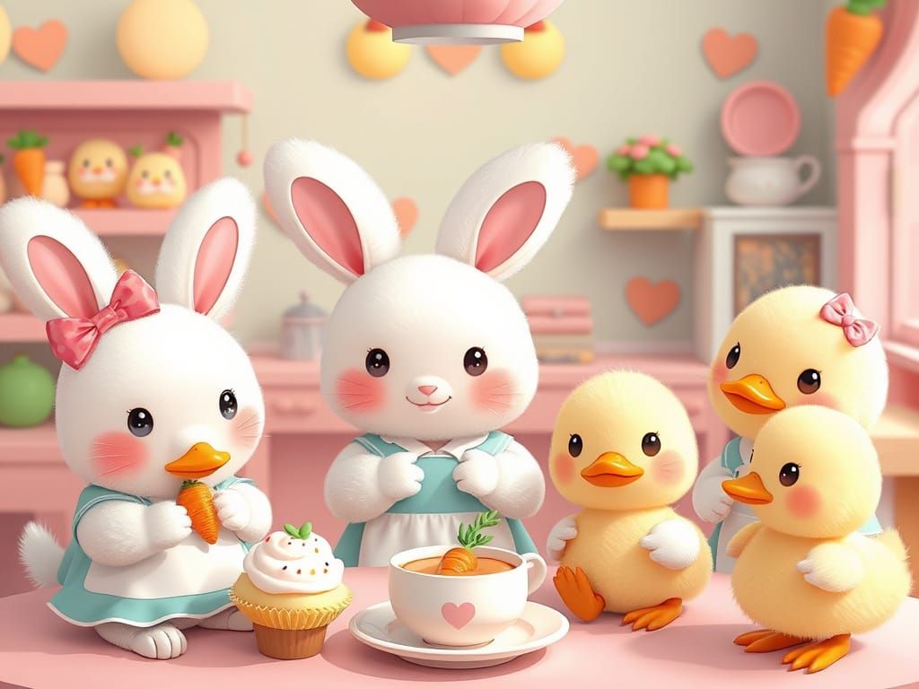 Kawaii Bunny and Duckling Cafe with Pastel Decor