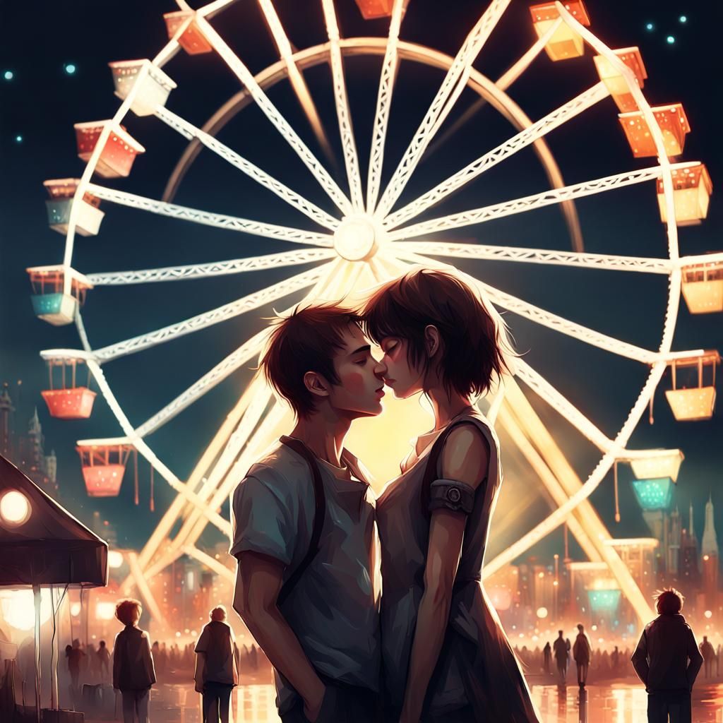 Kissing Couple at Fairground in Maximalist Style