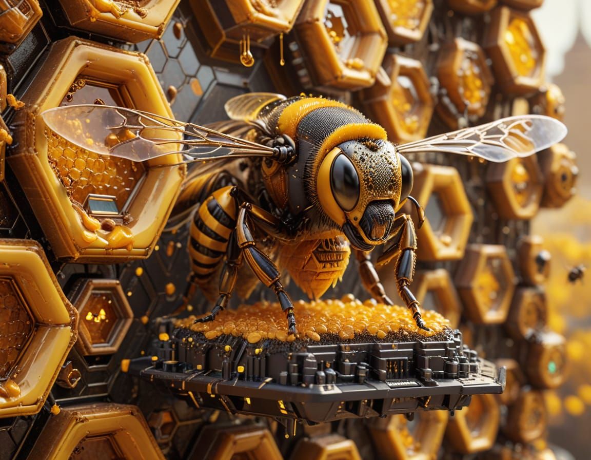 Whimsical Beehive City with Robotic Queen Bee