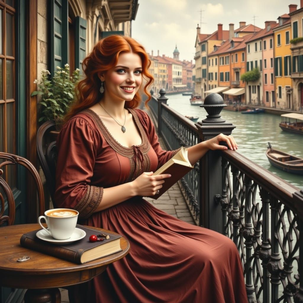 Redhead Woman Reading on Victorian Balcony in Oil Painting S...