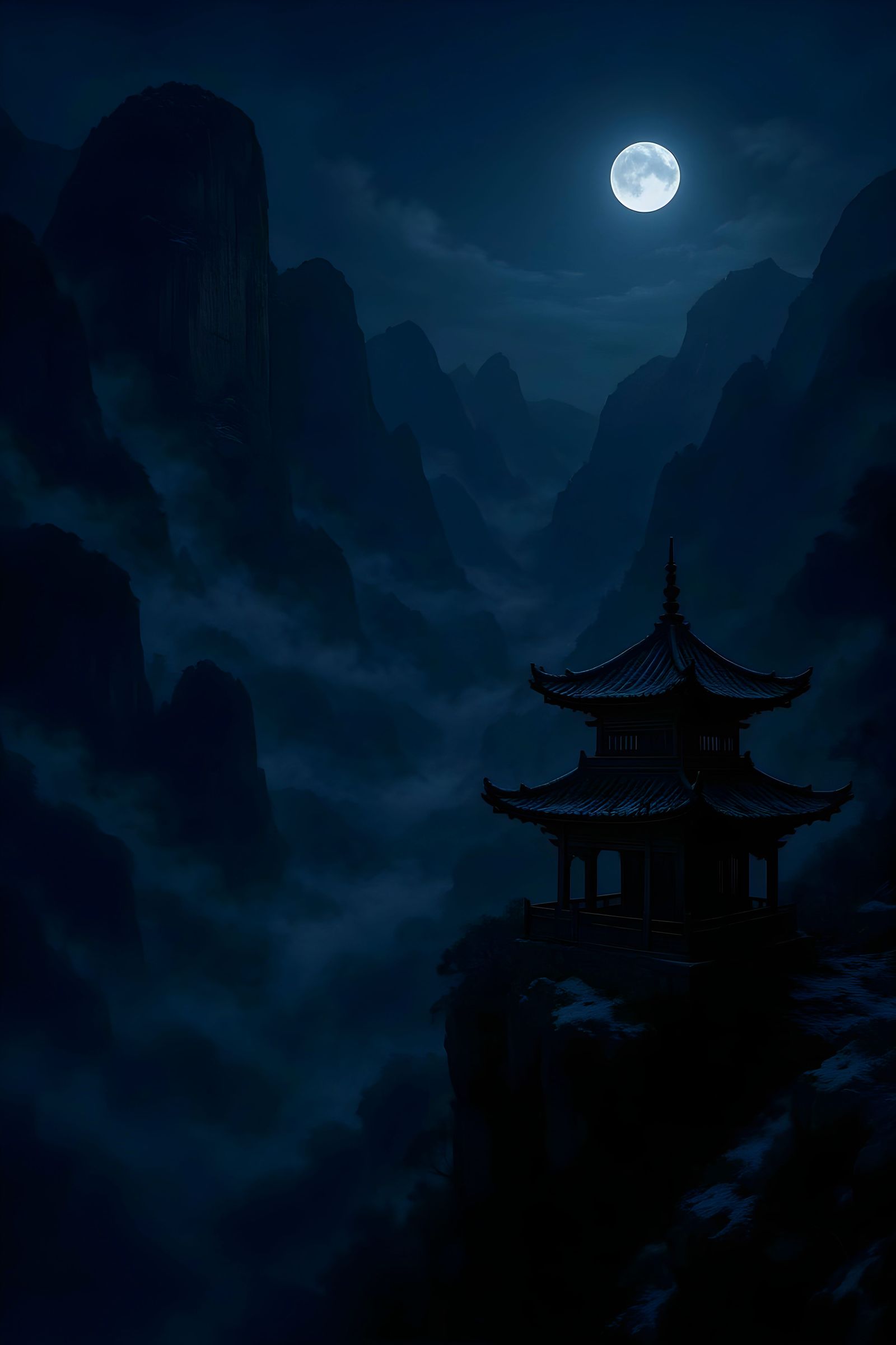 Photorealistic Chinese Mountains in Moonlight and Mist