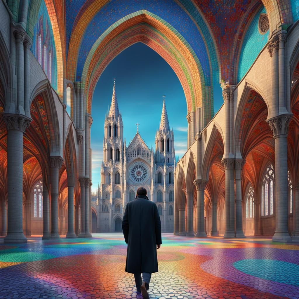 Man Walks to Cathedral in Surreal Digital Art