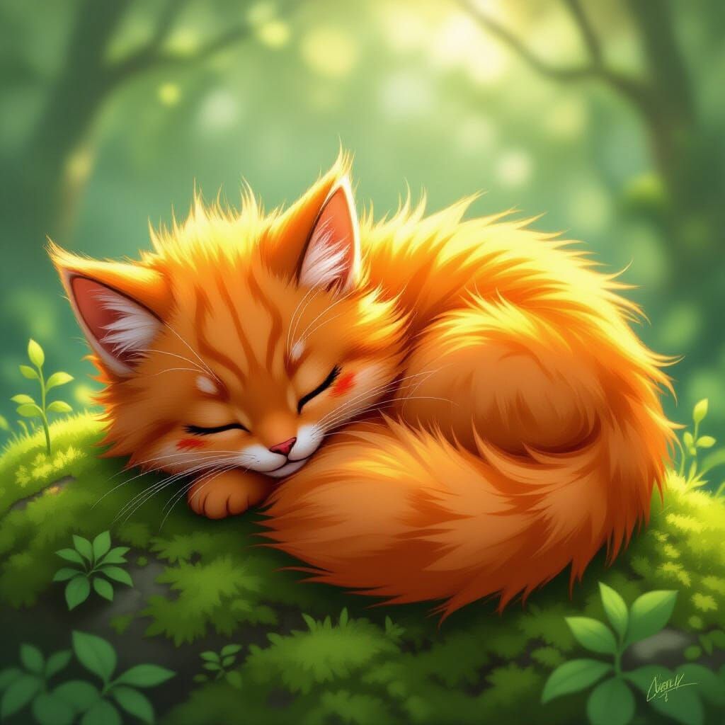 Fluffy Orange Creature Sleeping on Moss in Comic Book Style
