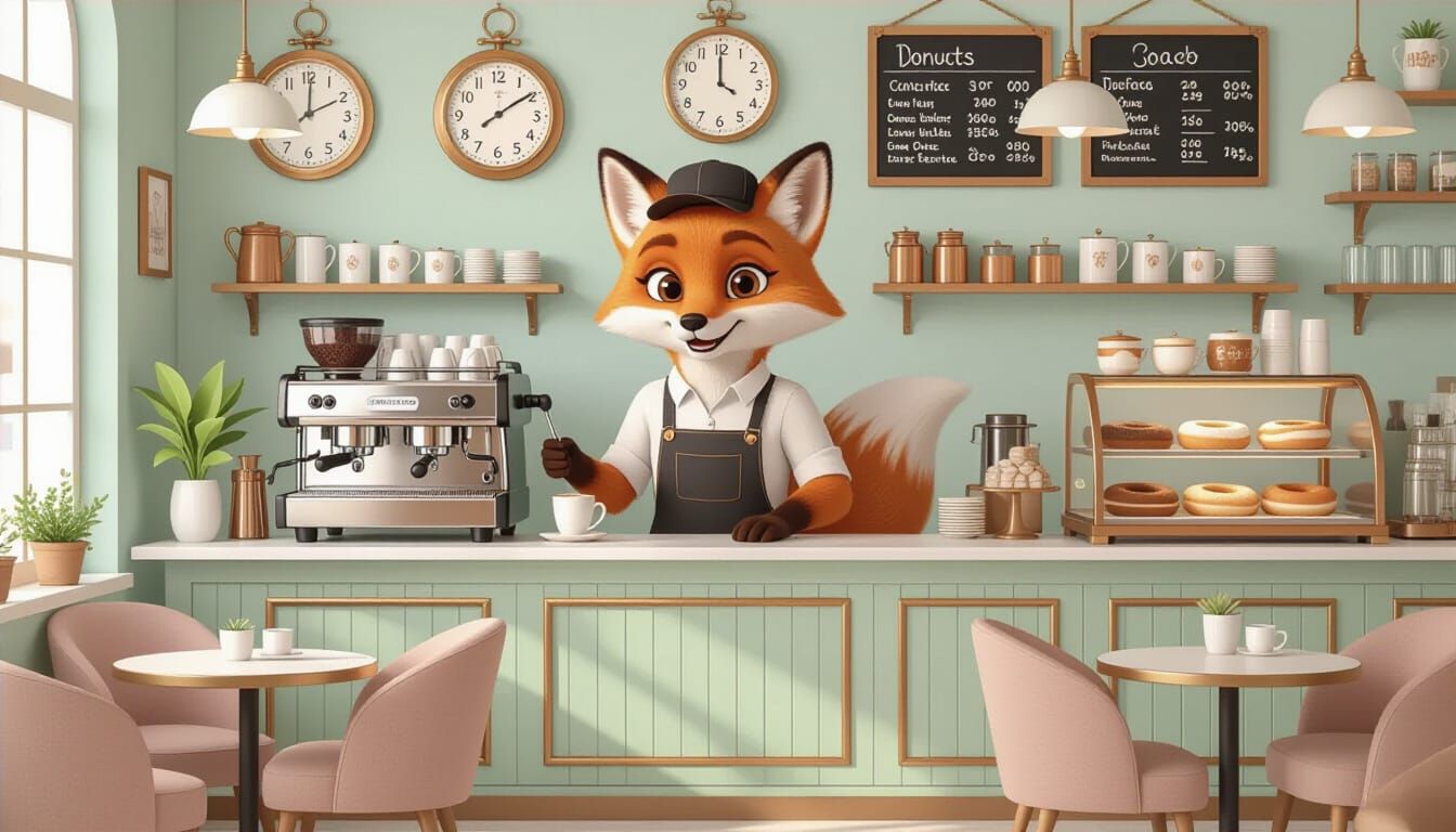 Anthropomorphic Fox Barista in Cozy Pastel Coffee Shop