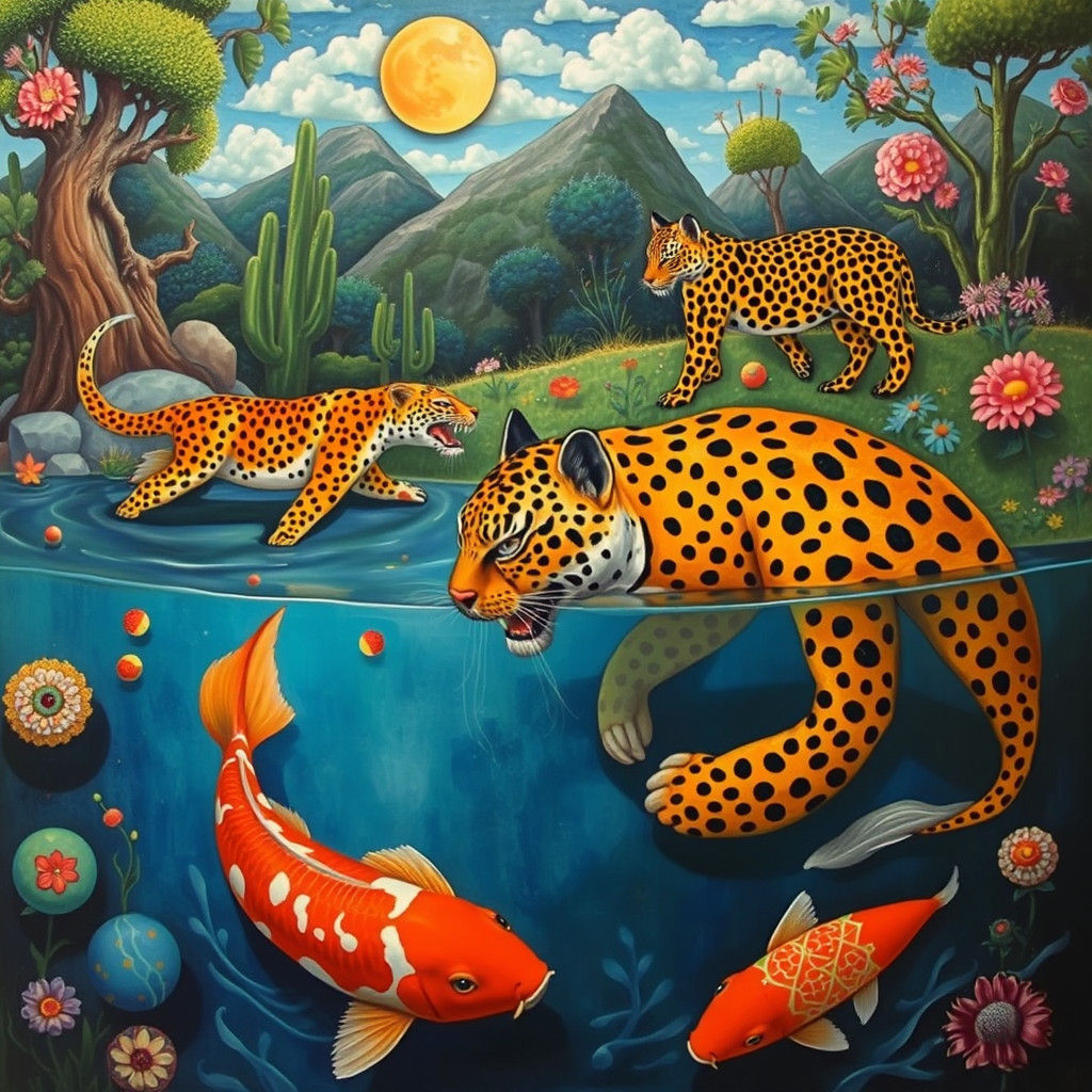 Surreal Koi and Jaguars in Fantastical Landscape