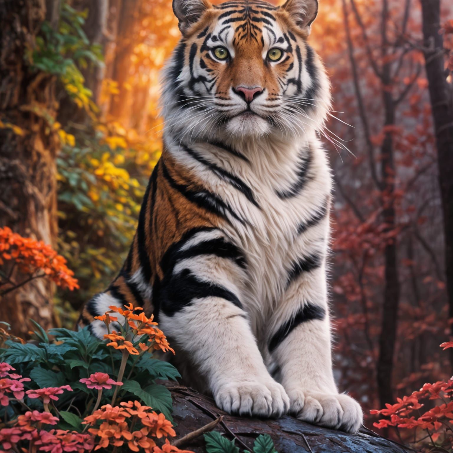 Piebald Calico Tiger in Mushroom Forest, Digital Art