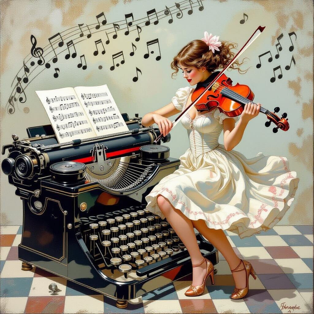 Surreal Violinist Dances on Typewriter in Bosschart Style