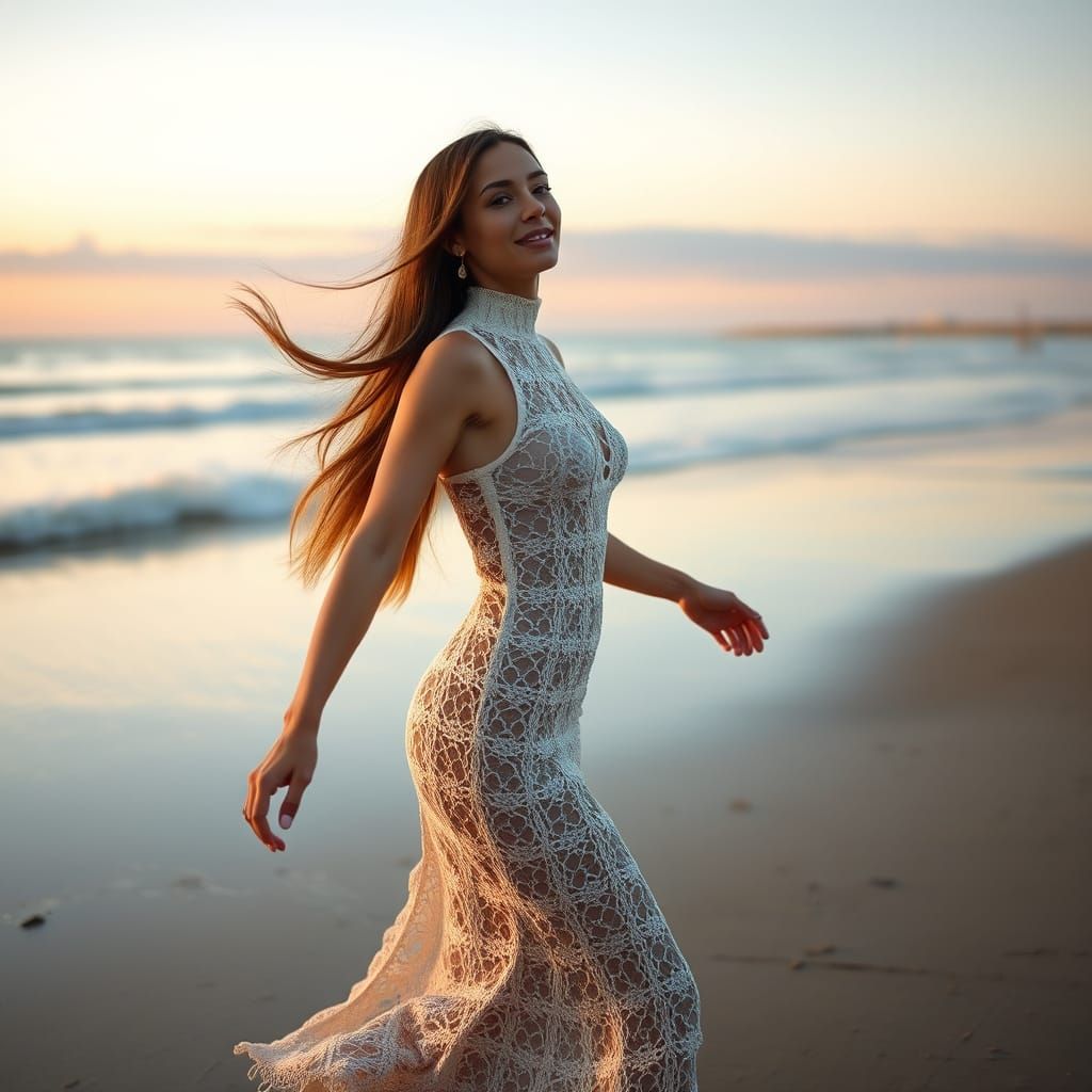 Elegant Woman Dancing on Beach at Dusk