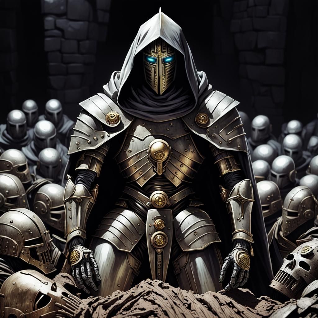 Hooded Knight Robot on a Pile of Bodies