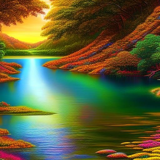 Lake with Waterfall in Expressionist Fractal Art