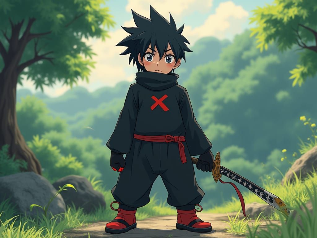 Ninja in Whimsical Black and Red, Wielding Dragon Sword
