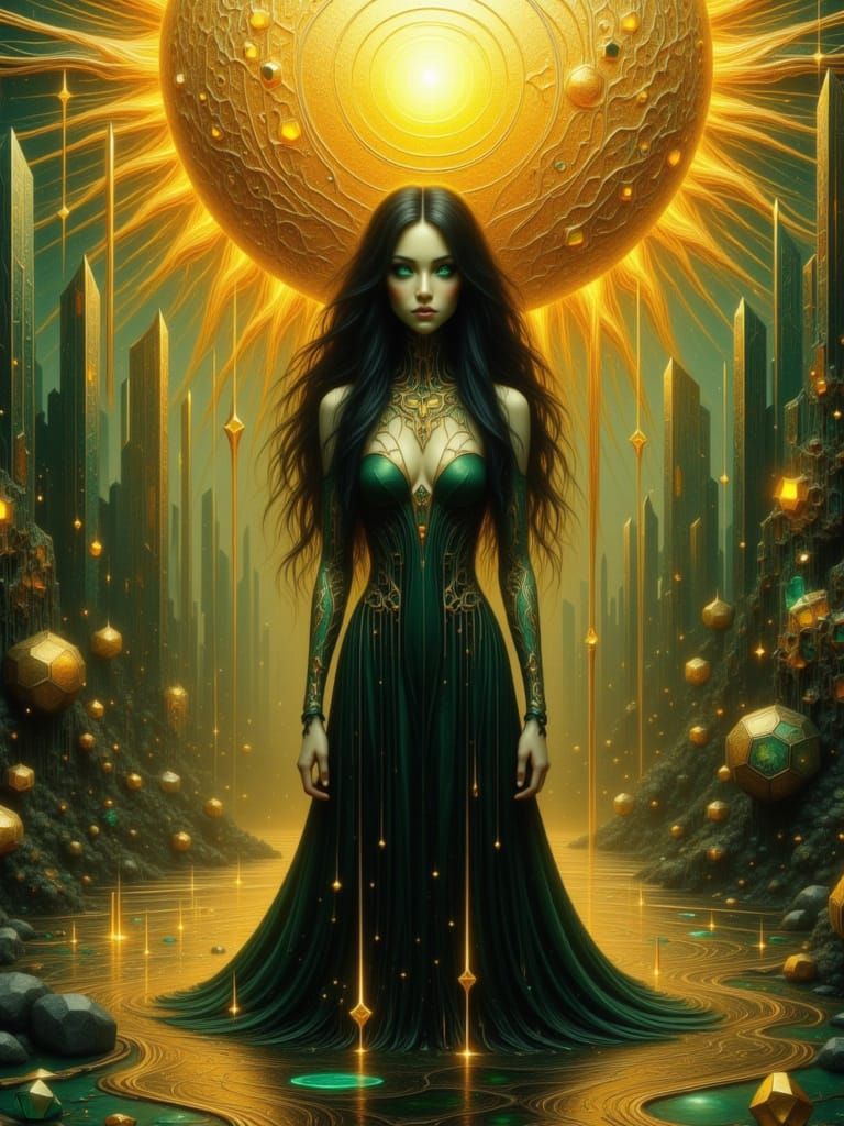 Gothic Woman Bathed in Melting Golden Sun