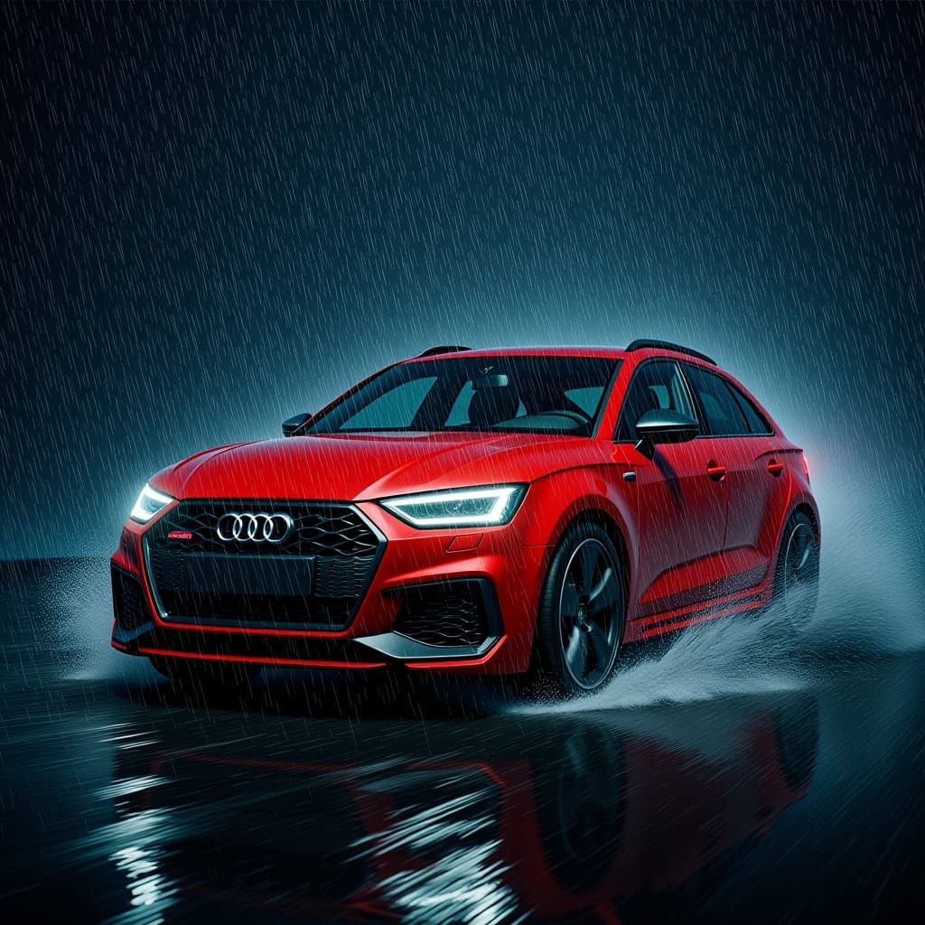 Red Audi SUV in Torrential Rain: Dramatic Sci-Fi Scene