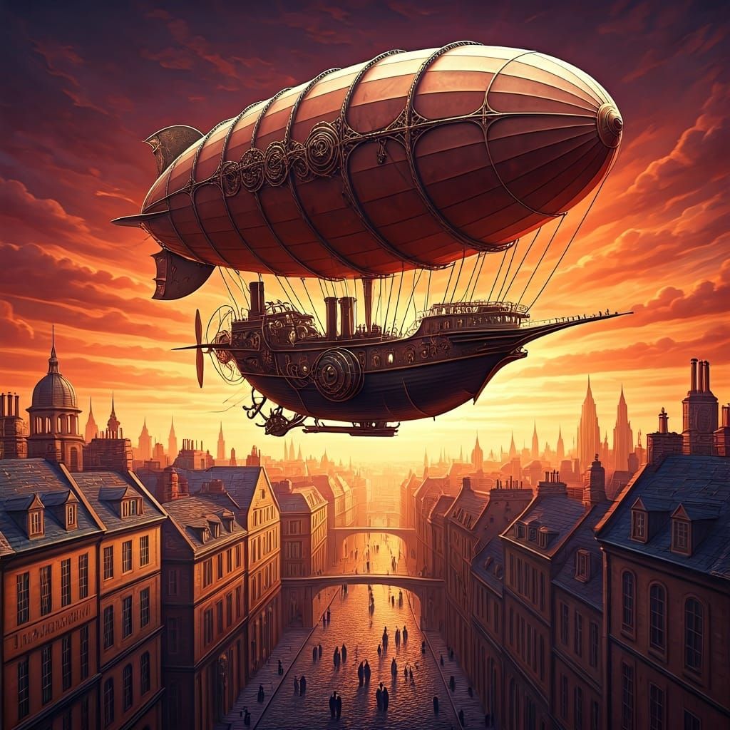 Steampunk Airship Soaring Over Victorian City
