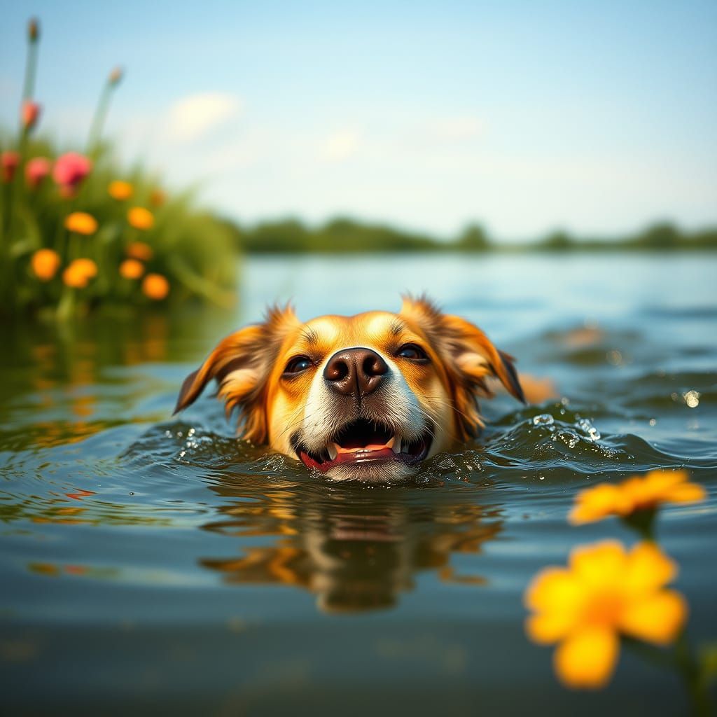 Whimsical Summer Dog Plays in Serene Lake