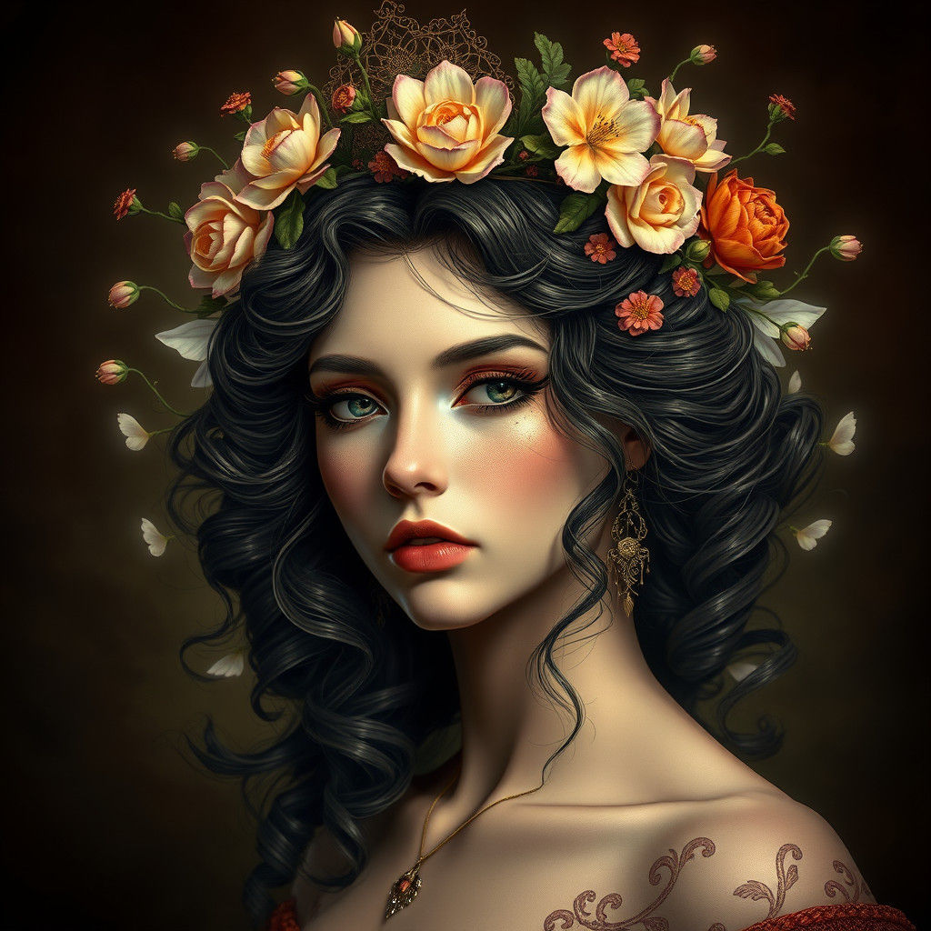 Mystical Woman Portrait with Fantasy Flower Crown
