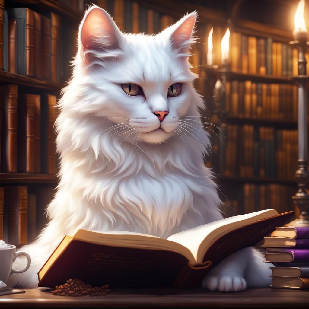 Cat Reads in Library: Dark Fantasy Concept Art