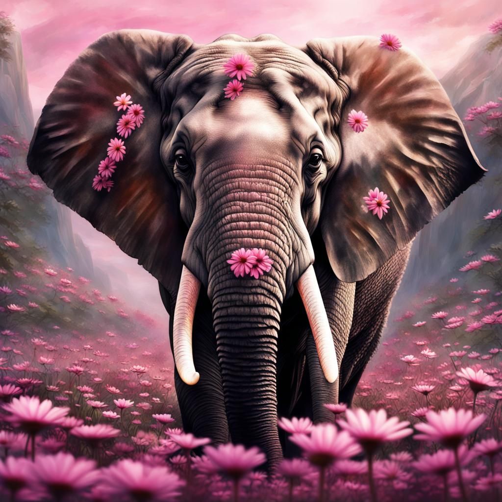 Elephant Surrounded by Pink Daisies: Digital Matte Painting