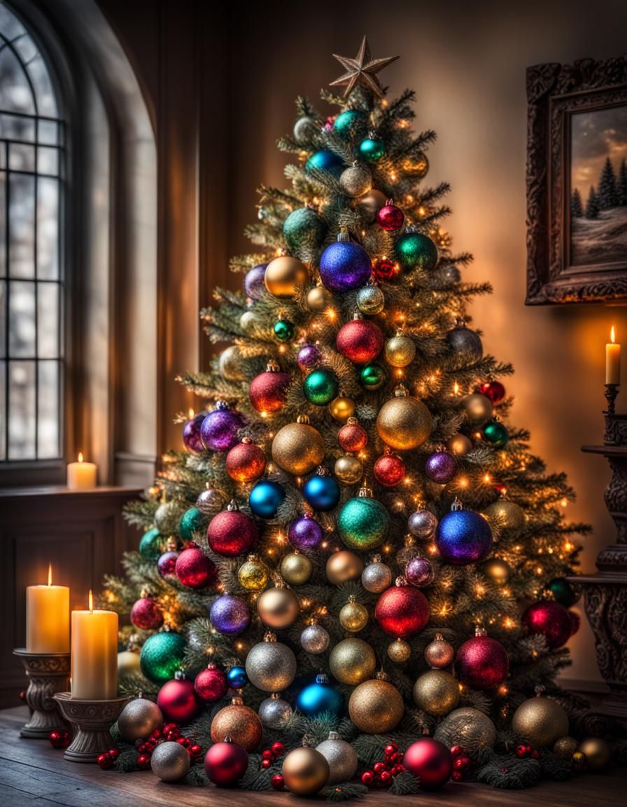Festive Christmas Tree with Candles and Glass Ornaments