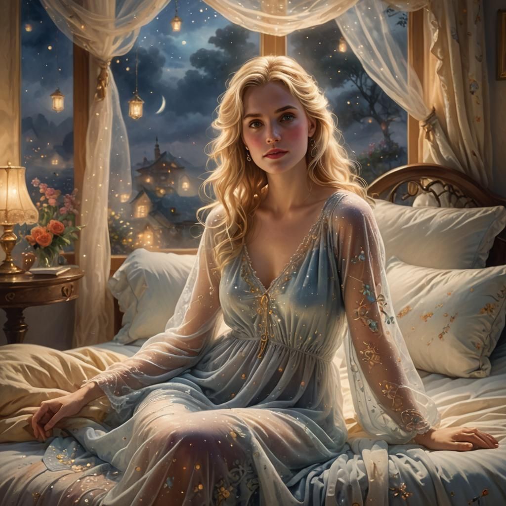 Ethereal Blonde Woman in Moonlit, Dreamy Oil Painting
