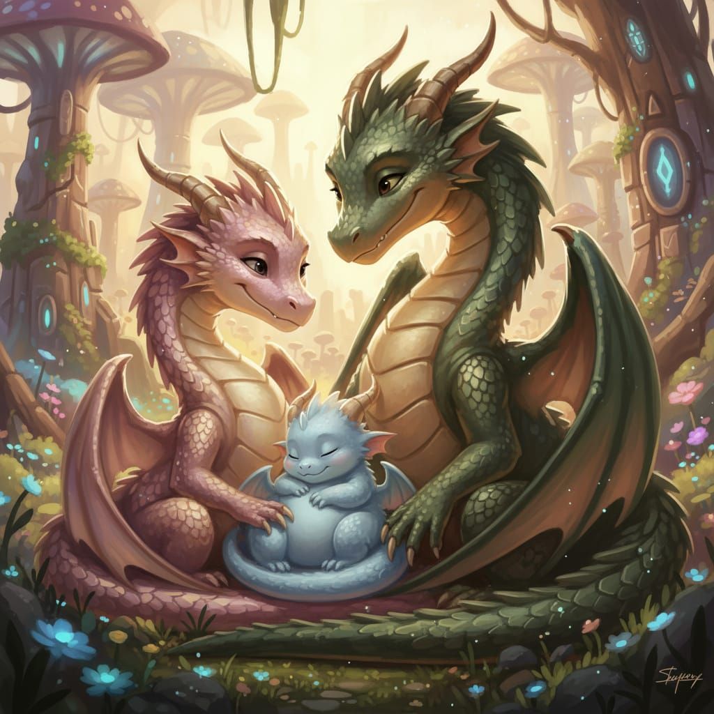 Adorable Dragon Family: Baby with Mum and Dad