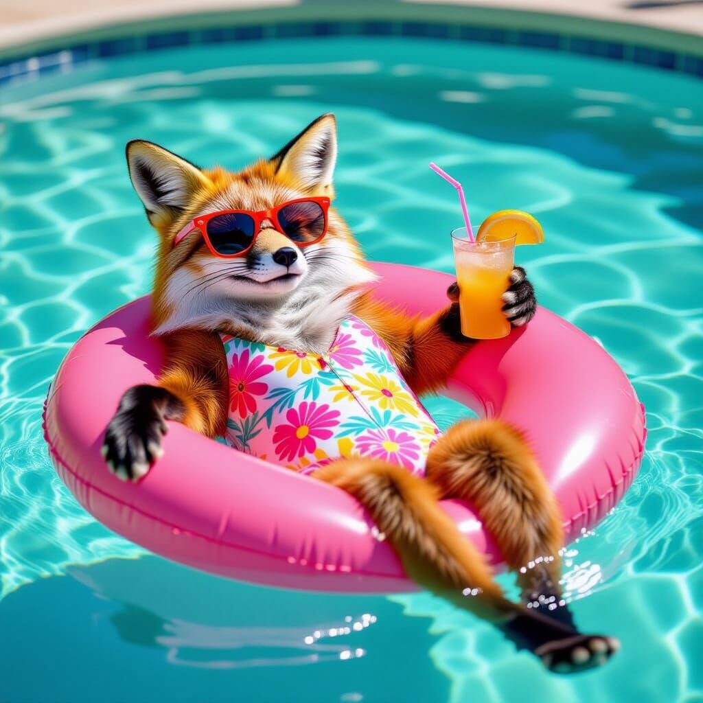 Fox in Sunglasses: Poolside Relaxation, Pop Art Style