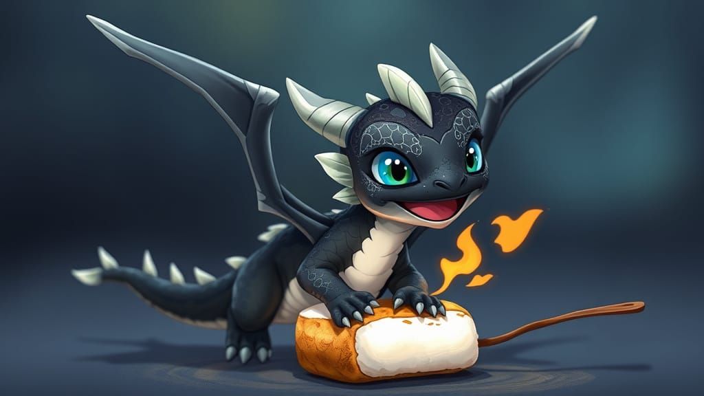 Whimsical Dragon Toasts Marshmallow in Cel-Shaded Style