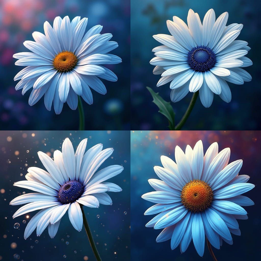Hyperrealistic White and Blue Daisy in Splash Art Style