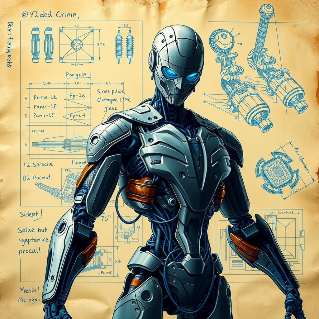 Cyborg Blueprint: Technical Drawing in Geometric Style