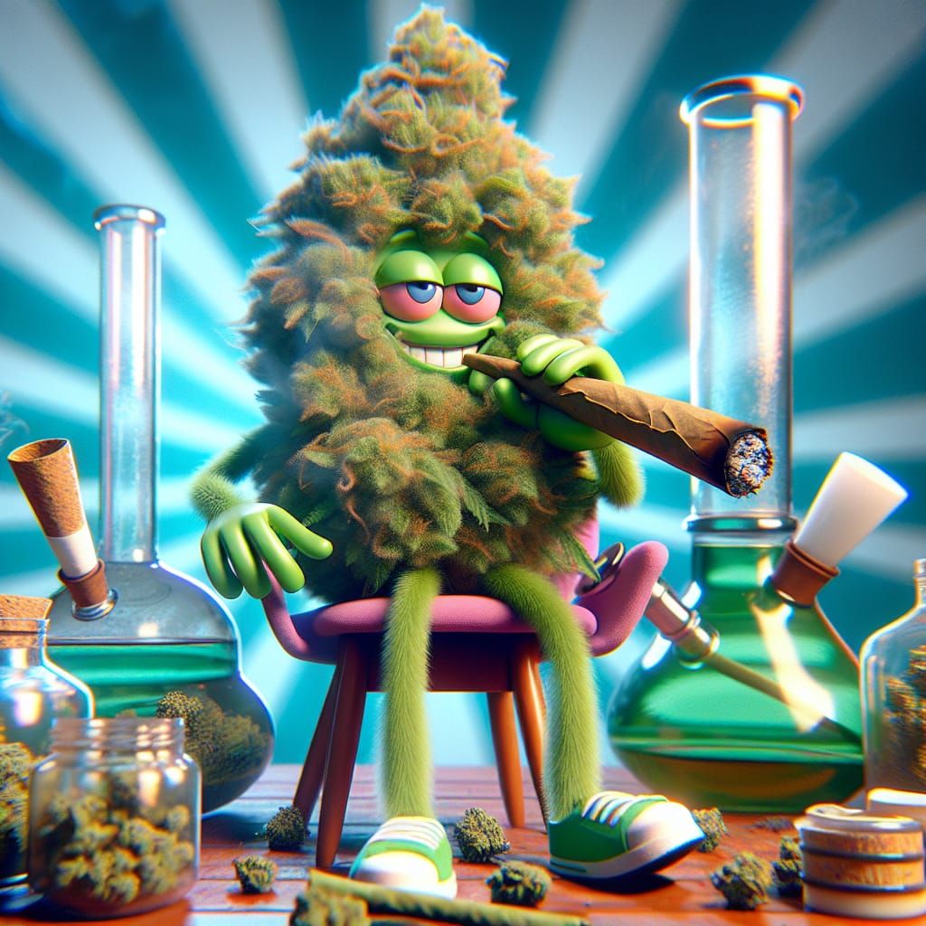 Stoned Cartoon Weed Bud at a Smoky Bar
