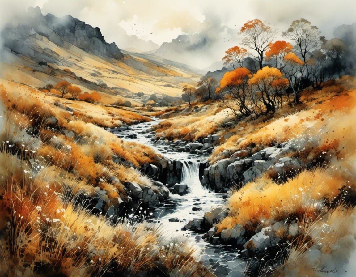 Scottish Autumn Landscape: Watercolor Style