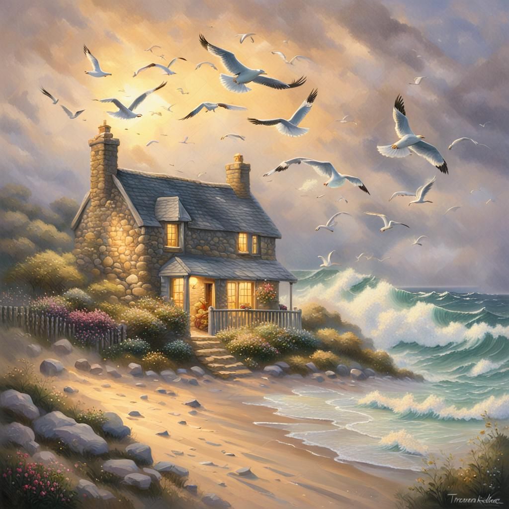 Beach Cottage in Golden Light: Impressionist Oil Painting