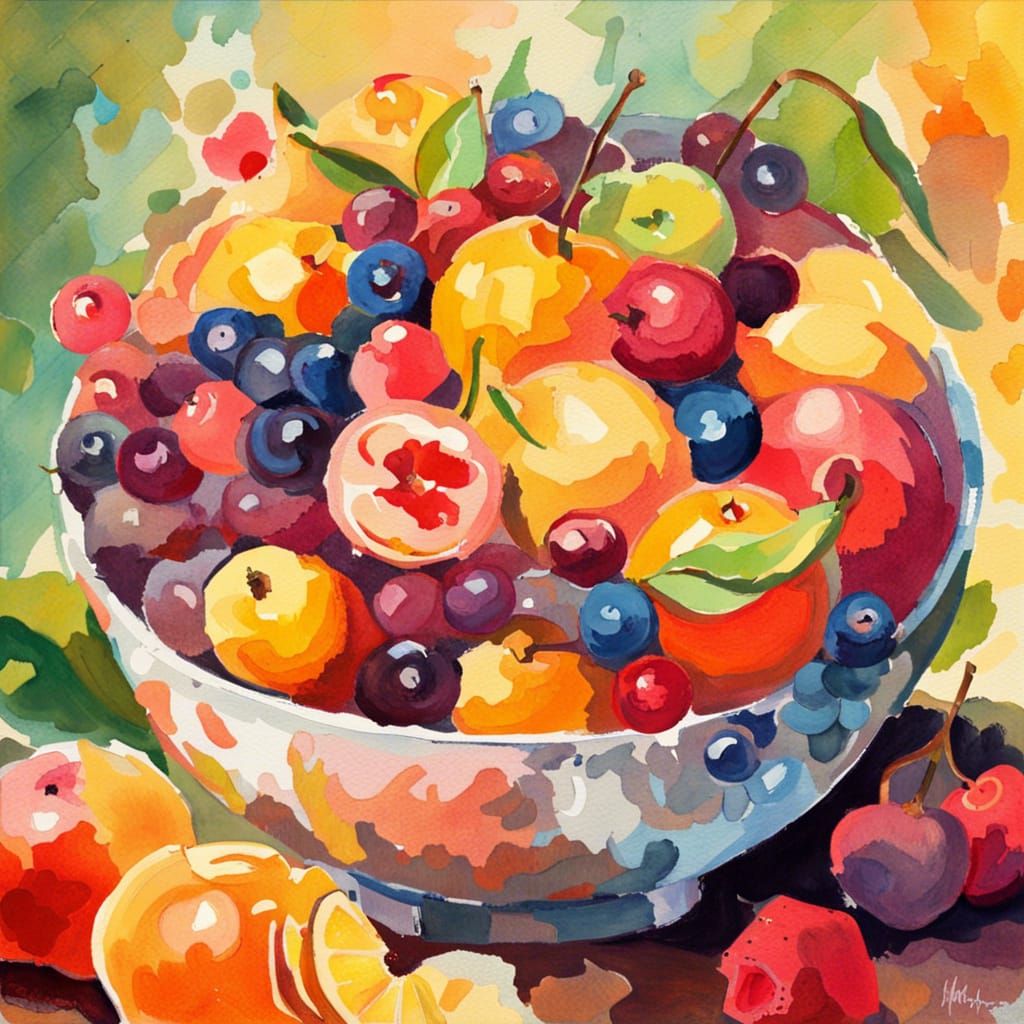 Bowl of Fruit as Gouache Impressionist Painting