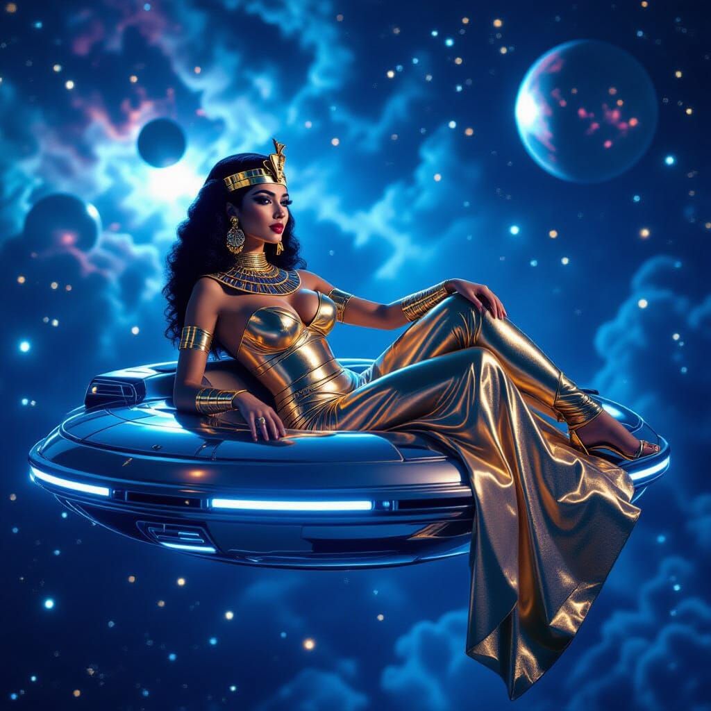Egyptian Queen on Hovercraft in Vibrant Nebula