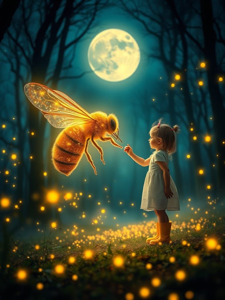 Giant Golden Bee Meets Child in Magical Forest
