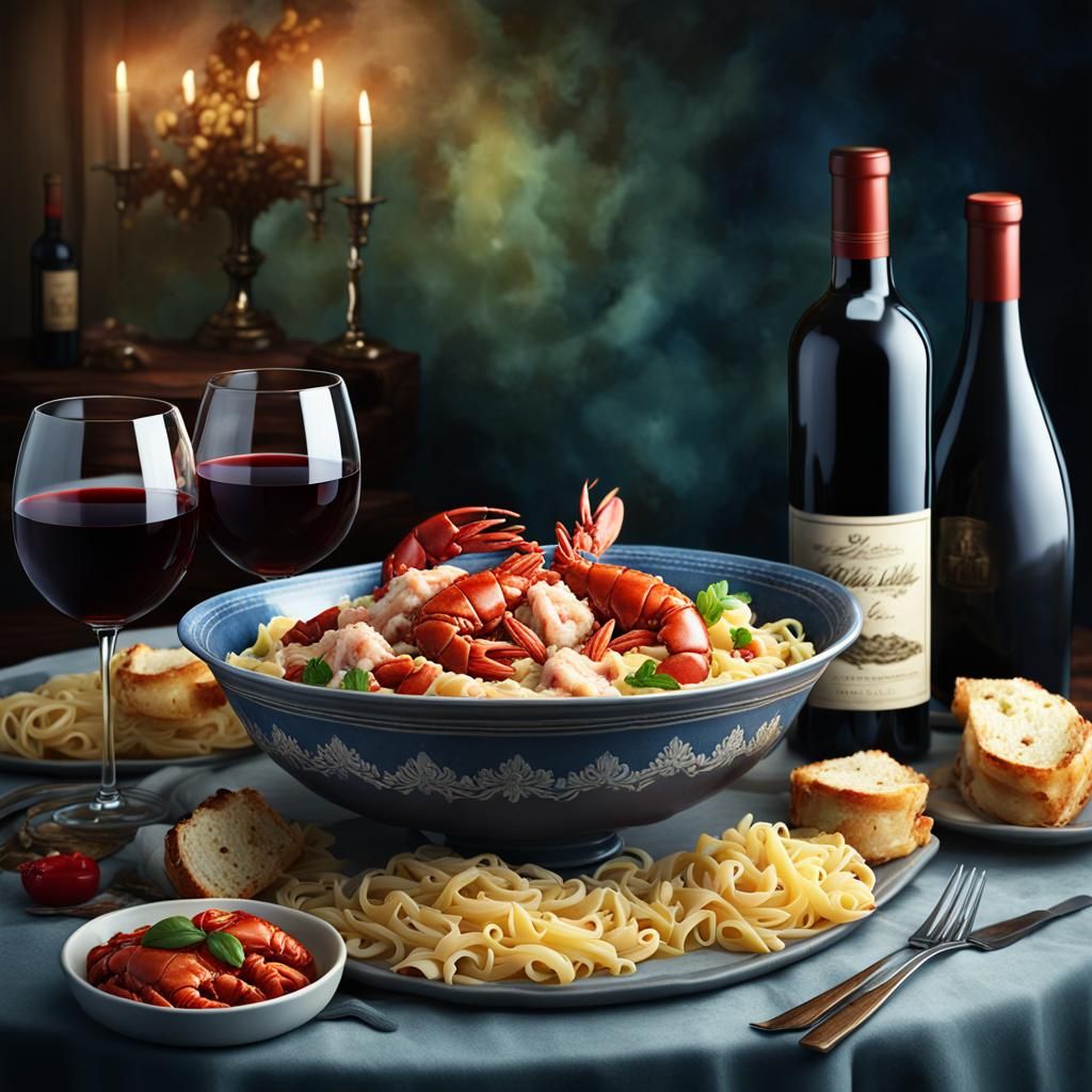 Romantic Pasta Dinner with Lobster, Detailed Matte Painting