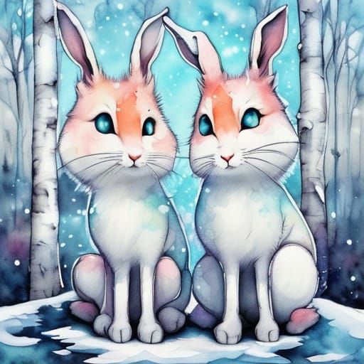 Fantasy Whimsical Snowy Woodland with Gentle Rabbits