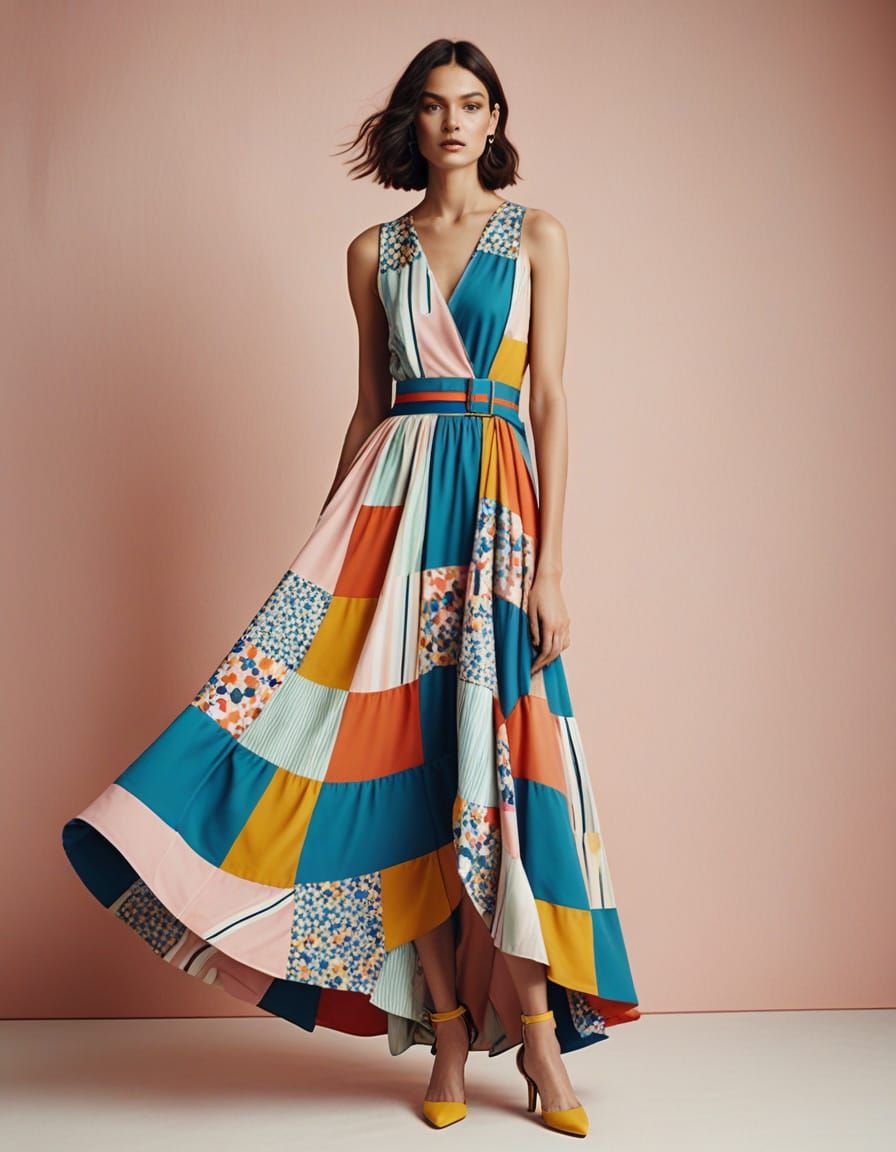 Woman in Avant-Garde Sundress with Bold Patterns