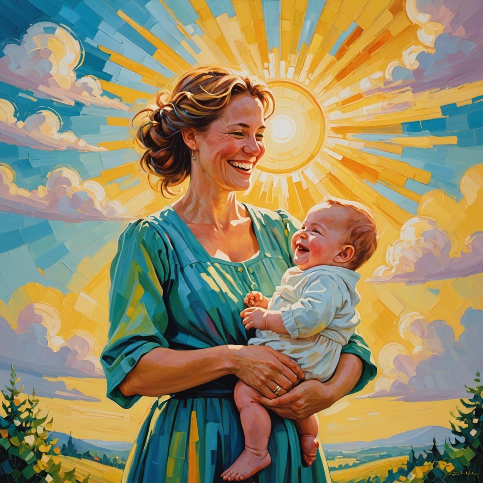 Smiling Woman and Baby in Expressionist Style
