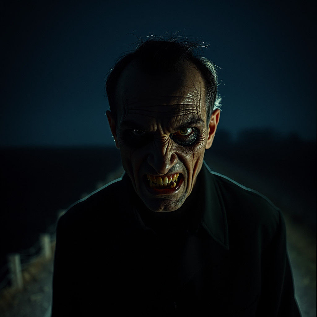 Menacing Horror Character in Dimly Lit Landscape