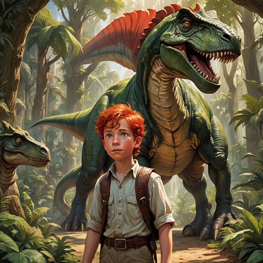 Boy's Joyful Encounter with Dinosaur King in Dinotopia