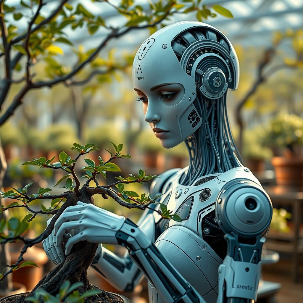 Ethereal Android Tending Bonsai Tree