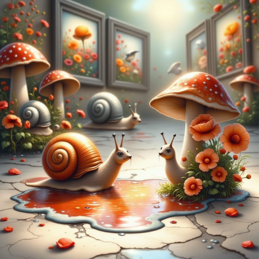 Snails Admire Art in a Surreal Gallery